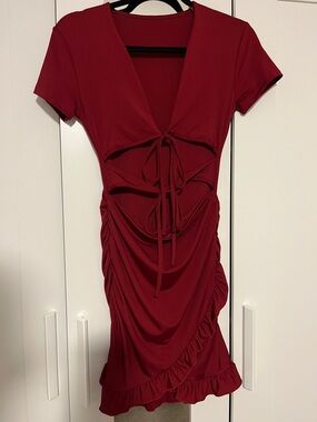 Tie-Front Ruched Mini Dress in Wine